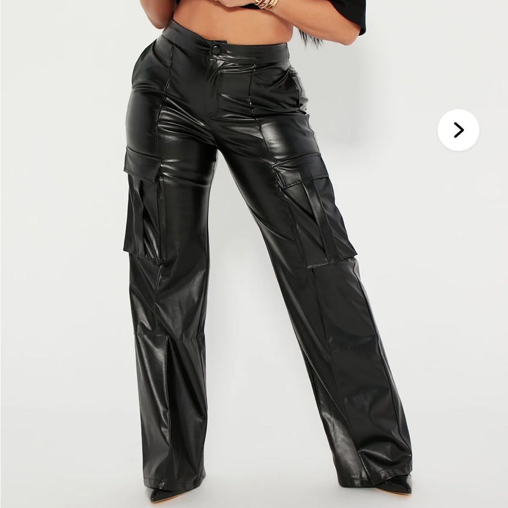 Faux Leather Cargo Wide-Leg Pants - Black